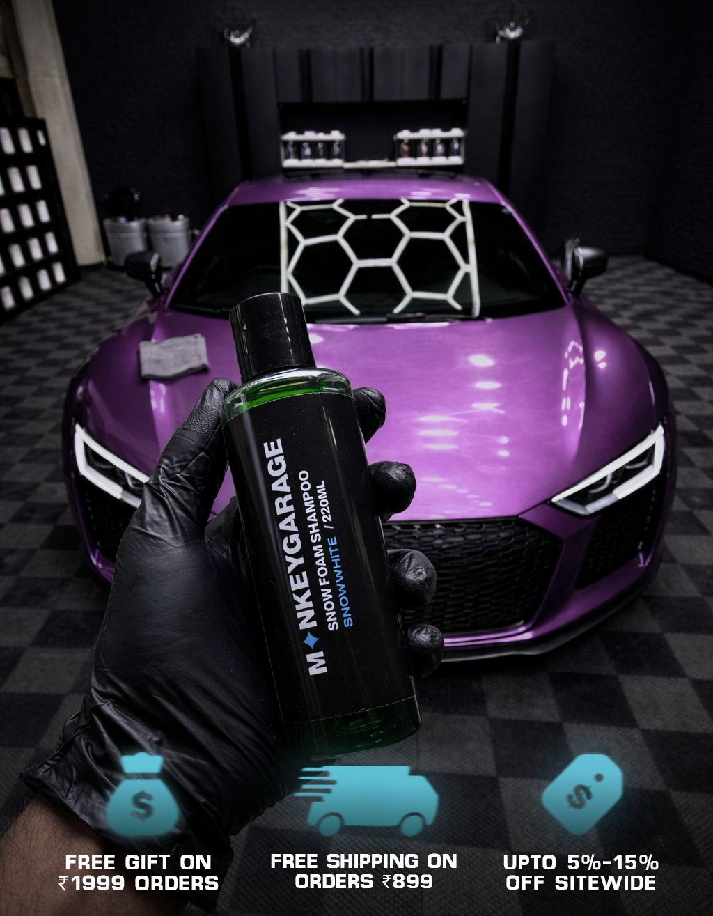 Purple car with a hand holding a bottle of monkeygarage foamliquid in front, on a dark checkered floor.