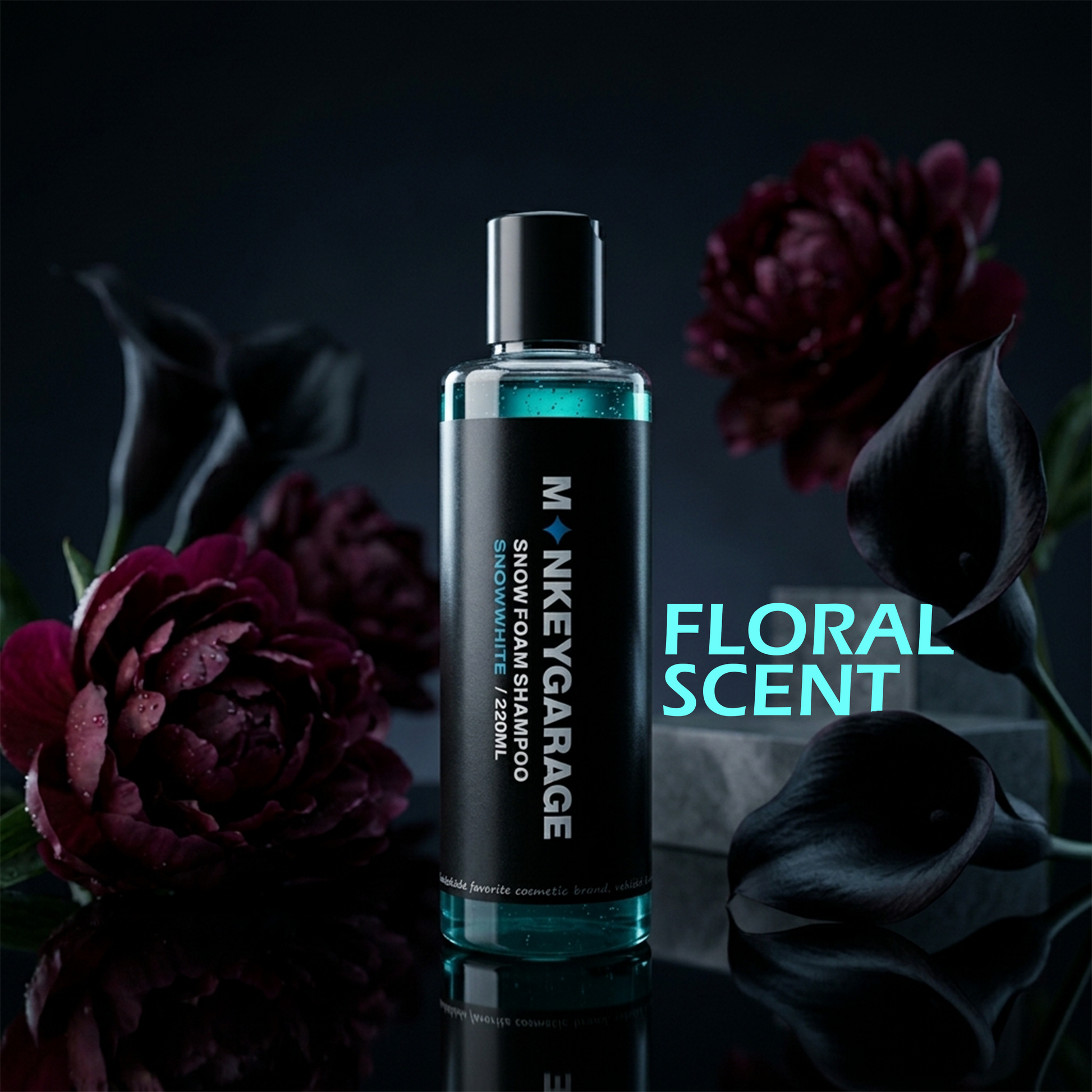 Mnkeygarage snow foam shampoo bottle with floral scent on a dark background with flowers.