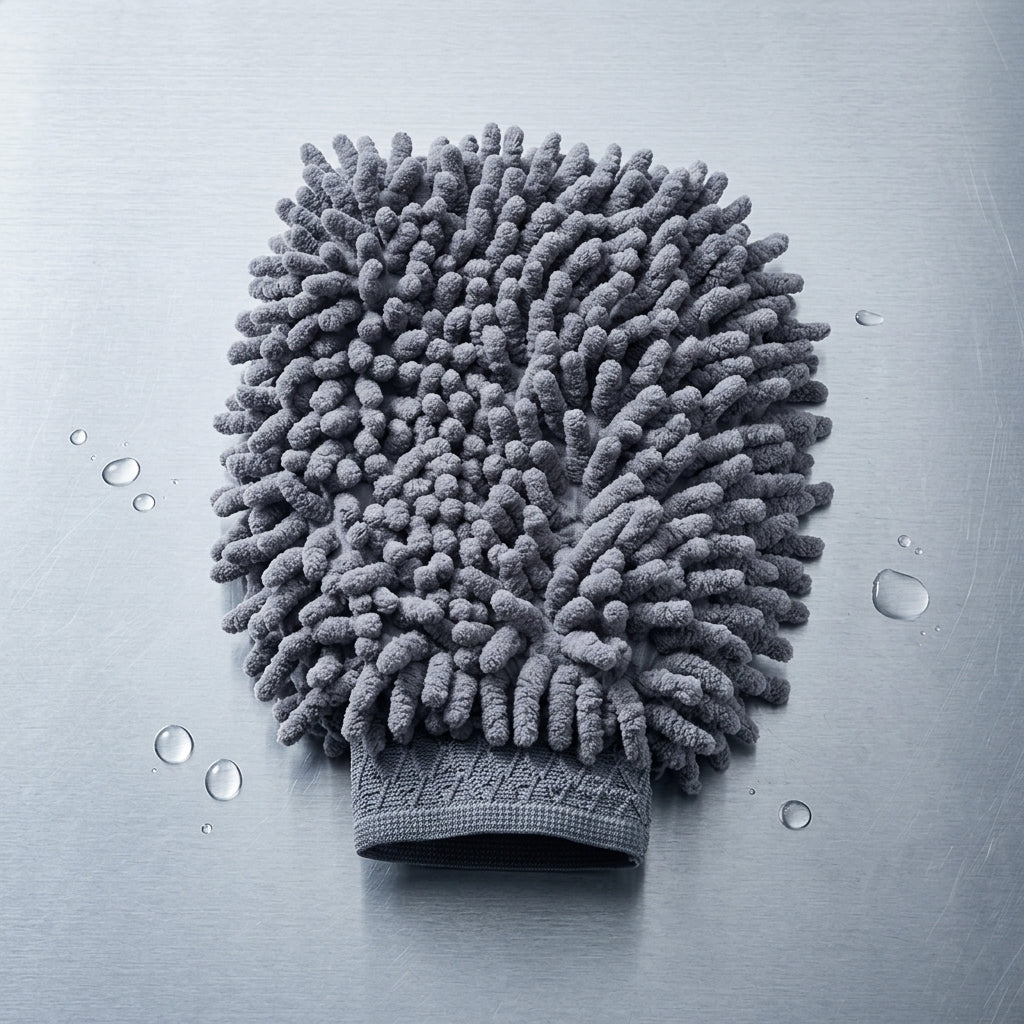 Gray microfiber cleaning glove on a metallic surface with water droplets.