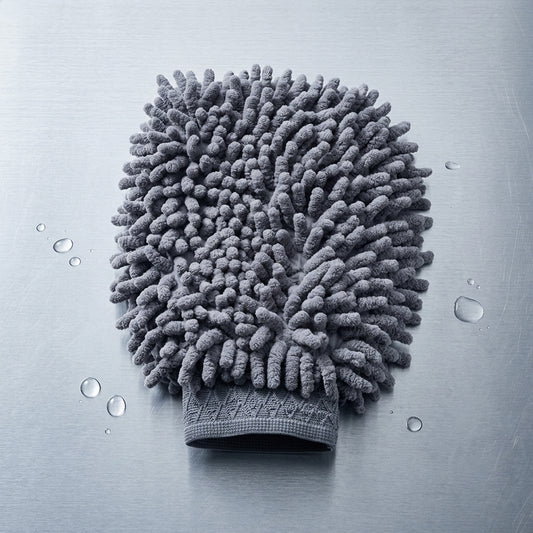 Gray microfiber cleaning glove on a metallic surface with water droplets.