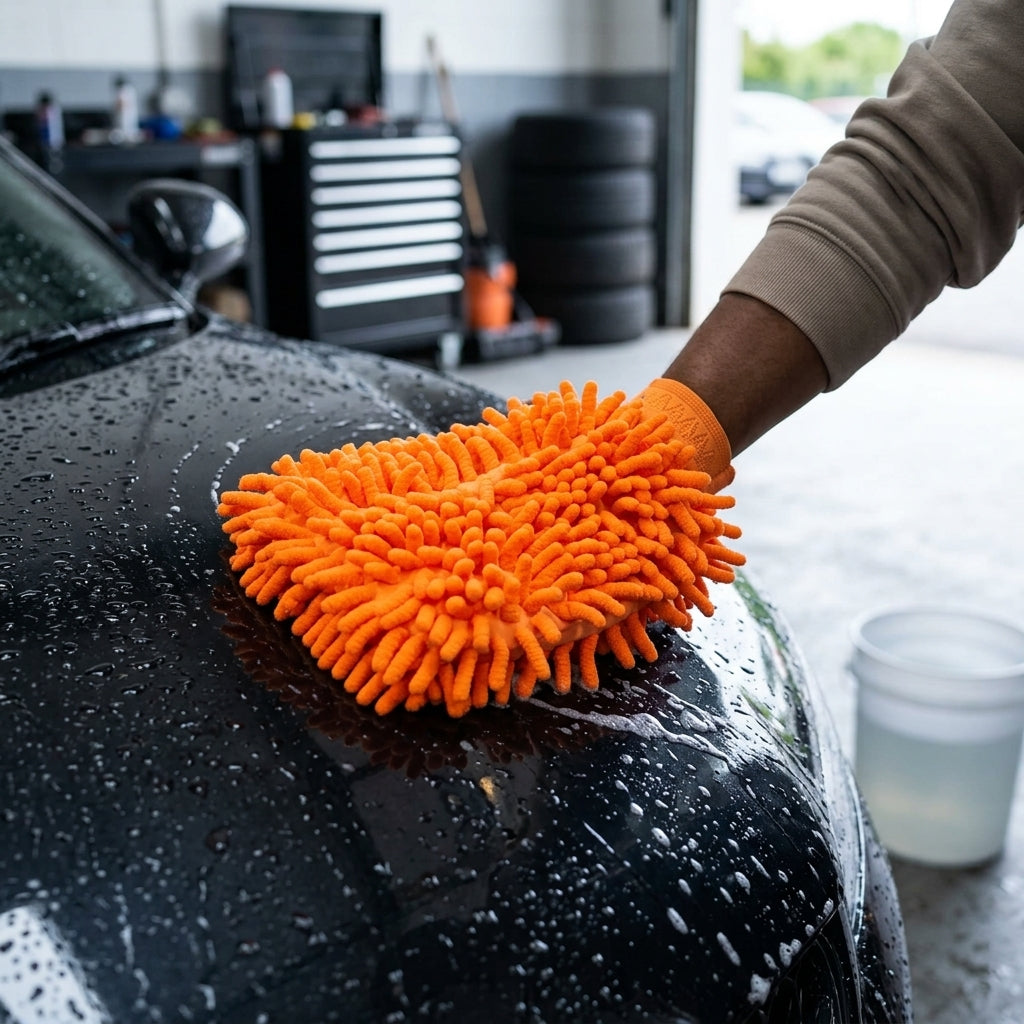Person cleaning a car with an orange microfiber cloth glove in a garage setting.